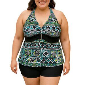 Bamboo Halter Tankini Swim Top Geometric Print Black Waist Detail Size XL